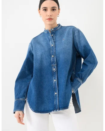 Camasa de denim cu guler tunica Glow, Albastru melange