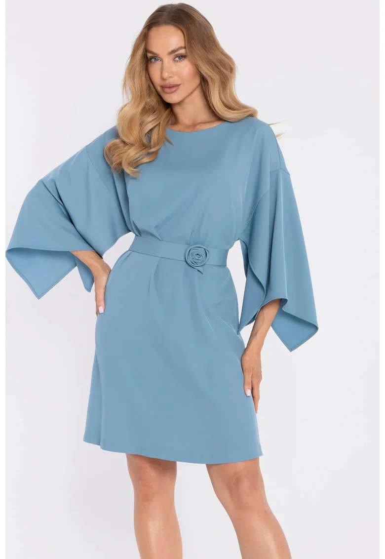 Rochie cu maneci largi si curea decorativa - albastru pudra, Albastru deschis