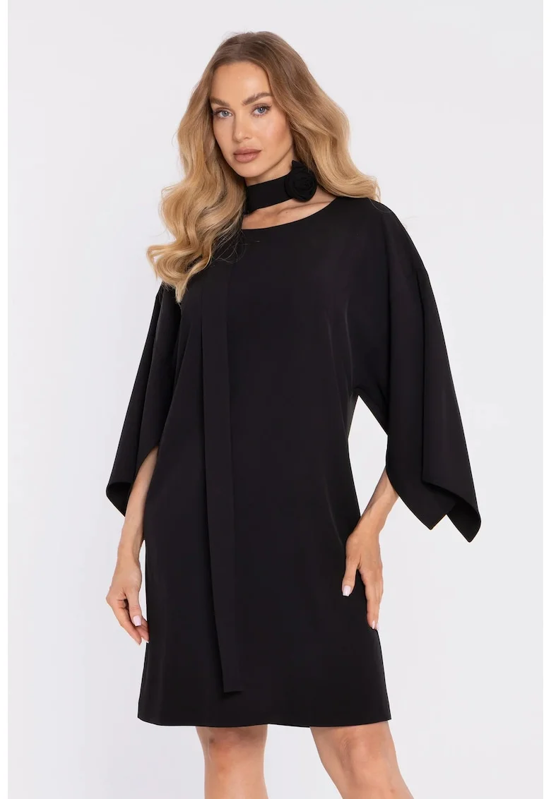 Rochie cu maneci largi si curea decorativa - albastru pudra, Negru