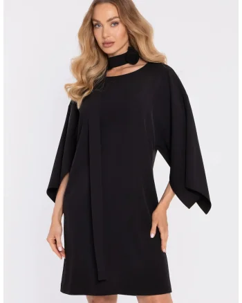 Rochie cu maneci largi si curea decorativa - albastru pudra, Negru