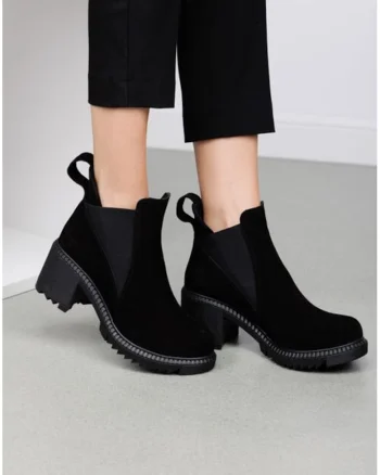 Botine negre din piele intoarsa cu elastic in laterale, Negru