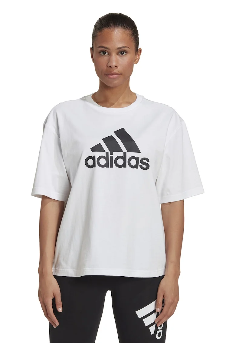 Tricou cu decolteu la baza gatului si imprimeu logo, Alb