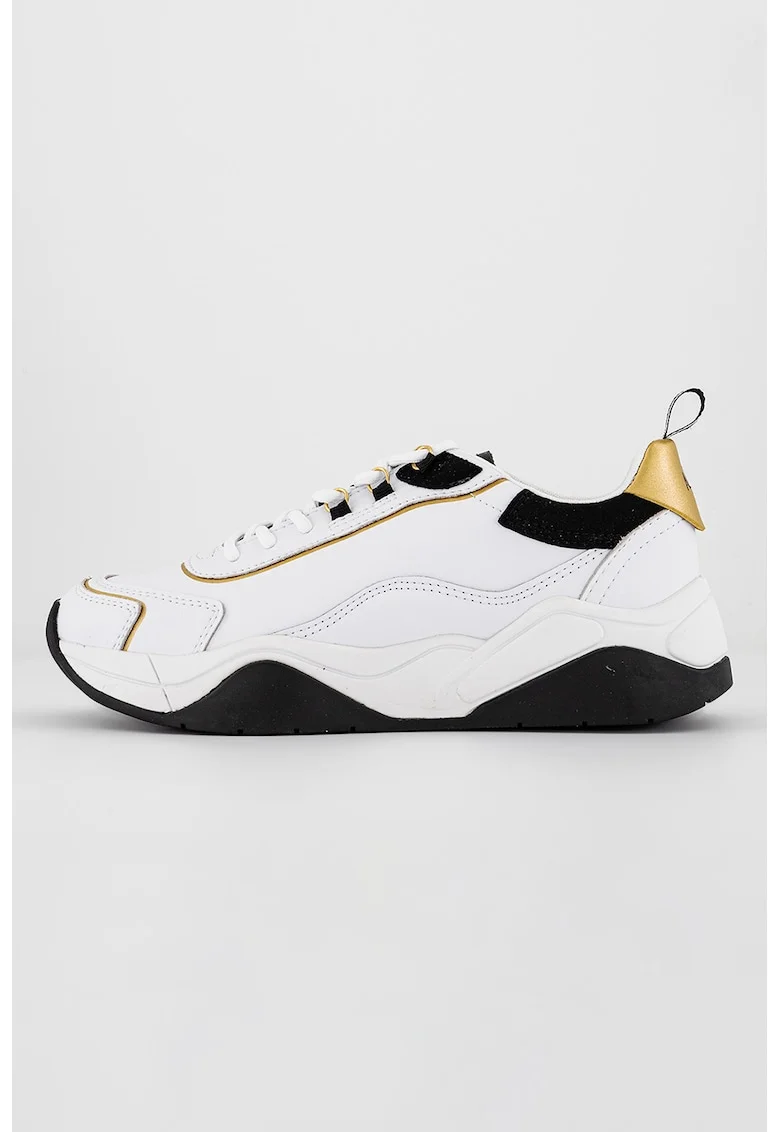 Pantofi sport din piele cu garnituri cusute si model colorblock, Alb optic
