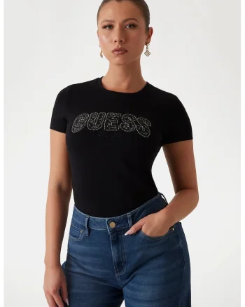 Tricou slim fit cu logo cu strasuri, Negru