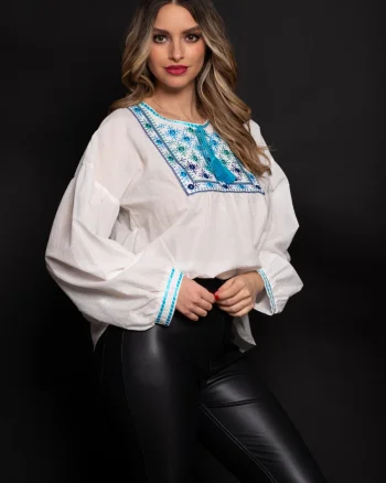 Bluza tip ie din bumbac cu broderie bleu