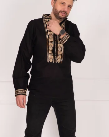 Ie barbateasca traditionala neagra din bumbac cu broderie din matase aurie