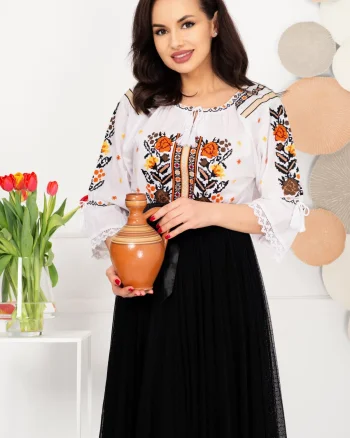 Ie alba traditionala brodata Marta din bumbac