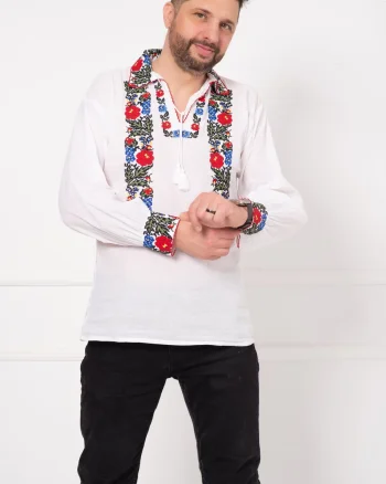 Ie barbateasca alba din bumbac cu broderie florala