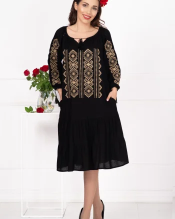 Rochie traditionala neagra Ilaria cu broderie traditionala bej