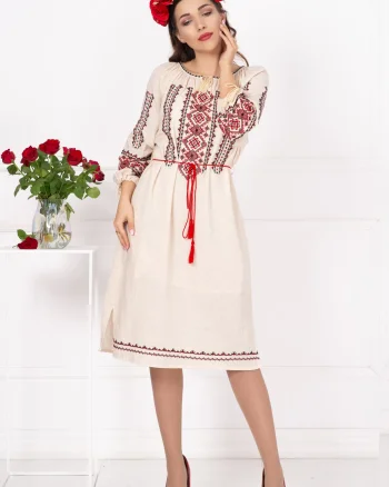 Rochie din in Filipa brodata cu motivul rombului