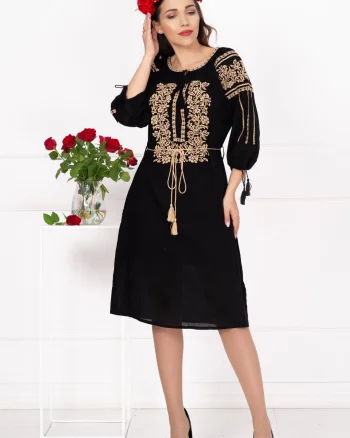 Rochie traditionala neagra Elisa cu broderie florala bej