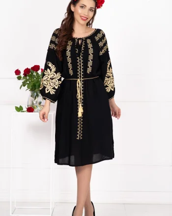 Rochie traditionala din vascoza neagra Ecaterina cu broderie bej