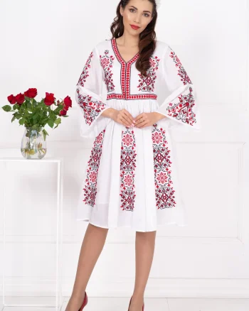 Rochie traditionala din bumbac Angelica cu broderie inspirata din folclor