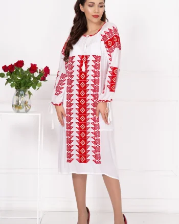 Rochie traditionala midi alba Adriana cu broderie rosie