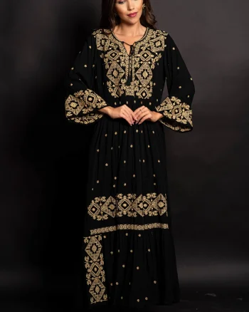 Rochie traditionala neagra Gina lunga cu broderie bej