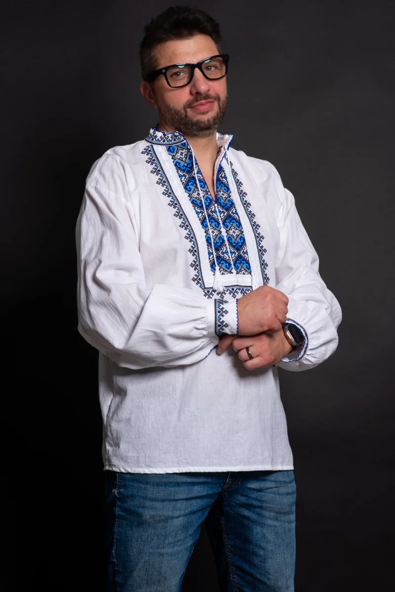 Ie traditionala Rares de barbat din bumbac cu broderie albastra