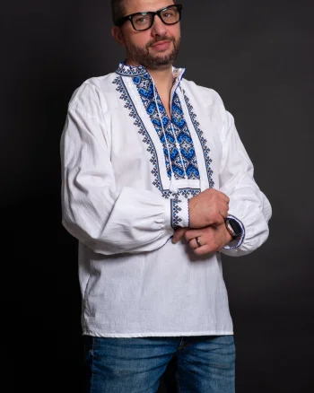 Ie traditionala Rares de barbat din bumbac cu broderie albastra