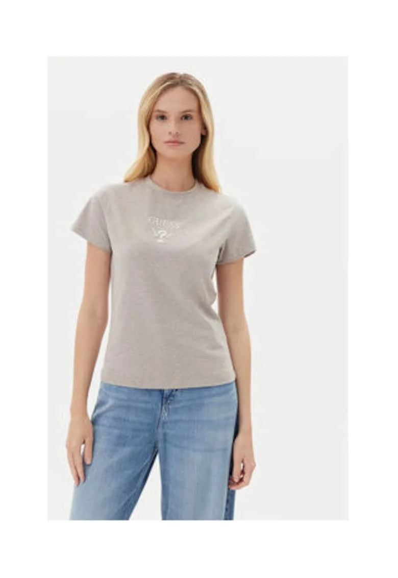 Tricou uni din amestec de bumbac cu decolteu la baza gatului si logo brodat pe piept