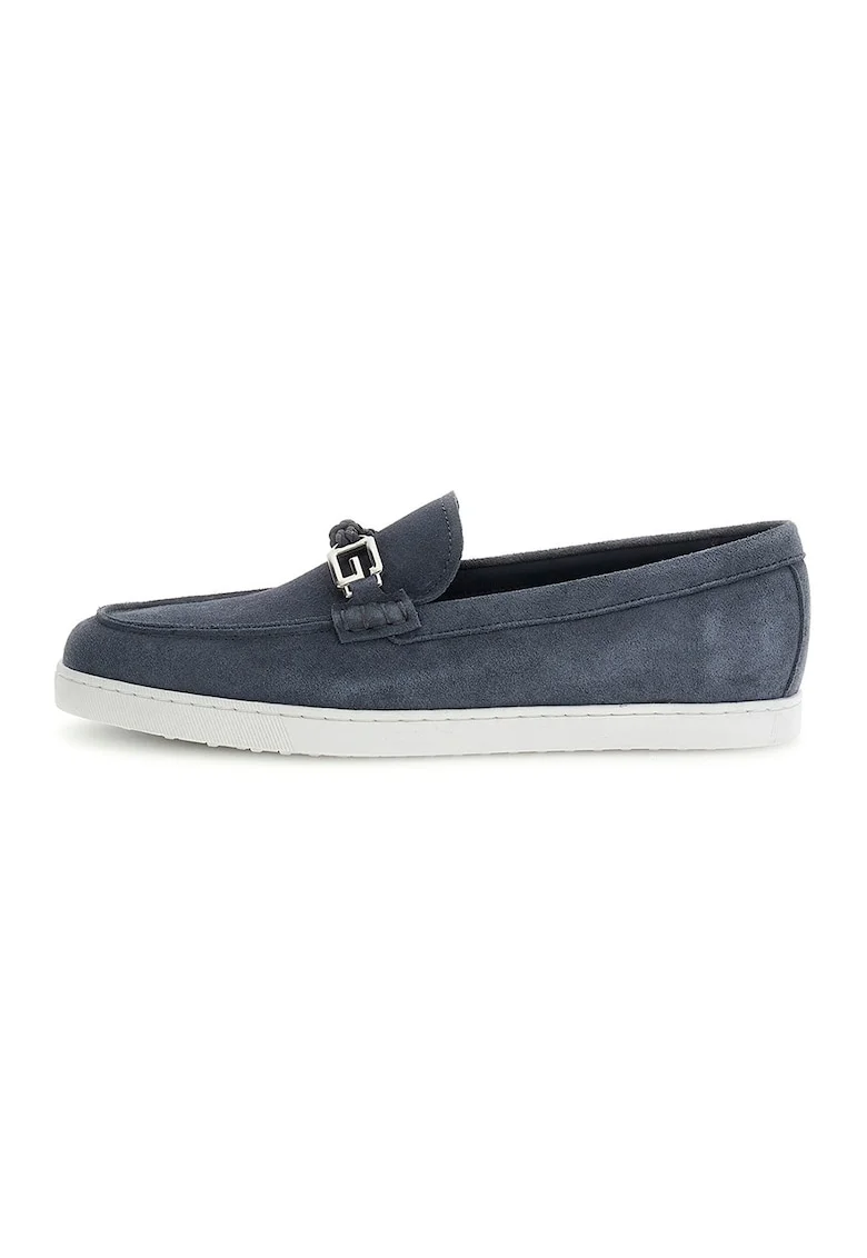 Pantofi loafer din piele intoarsa cu monograma metalica, Albastru inchis