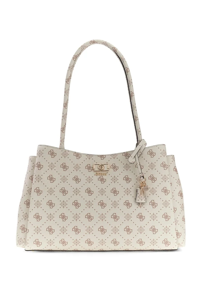 Geanta shopper din piele ecologica cu model logo si accesoriu detasabil Emelie, Alb murdar