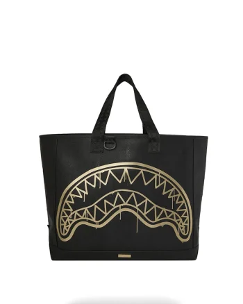 Geanta shopper de piele ecologica cu imprimeu logo, Auriu/Negru