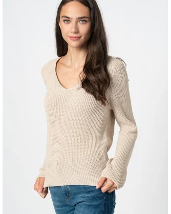Pulover de bumbac organic cu decolteu en-coeur, Maro taupe deschis