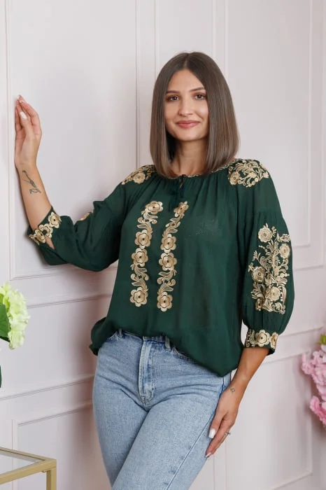 Bluza verde cu motiv floral auriu Iasmina 05 - maneca scurta