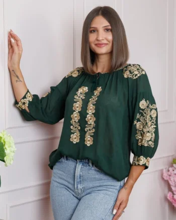Bluza verde cu motiv floral auriu Iasmina 05 - maneca scurta