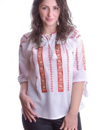 Ie traditionala alba cu motiv geometric rosu Virginia