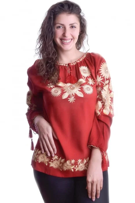 Bluza rosie cu motiv floral auriu Agnes 05