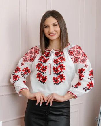 Bluza tip ie alba cu motiv floral rosu Carla