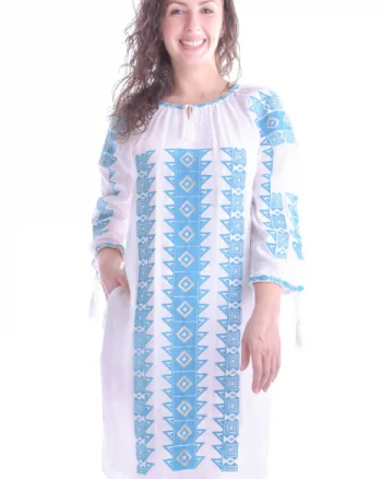 Rochie traditionala dreapta alba cu motiv geometric albastru Tania