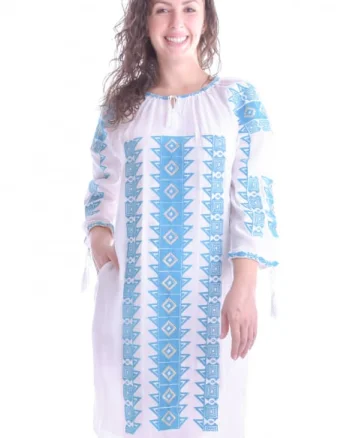 Rochie traditionala dreapta alba cu motiv geometric albastru Tania
