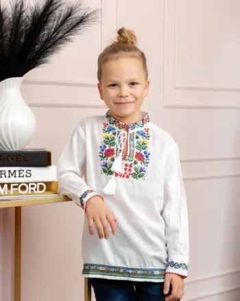 Camasa traditionala de baieti alba cu motiv floral multicolor Sebastian