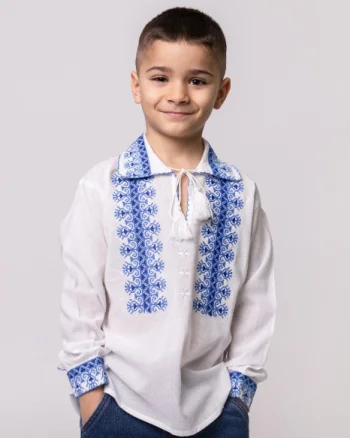 Camasa traditionala de baieti alba cu motiv geometric albastru David 02
