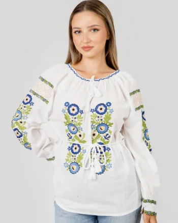 Ie traditionala alba cu motiv floral multicolor Gentiana