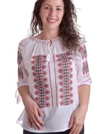 Ie traditionala alba cu motiv geometric rosu Vera 06