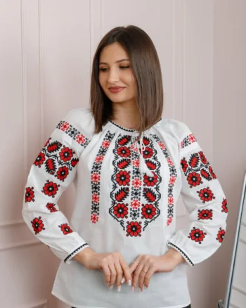 Bluza tip ie alba cu motiv floral rosu Magdalena