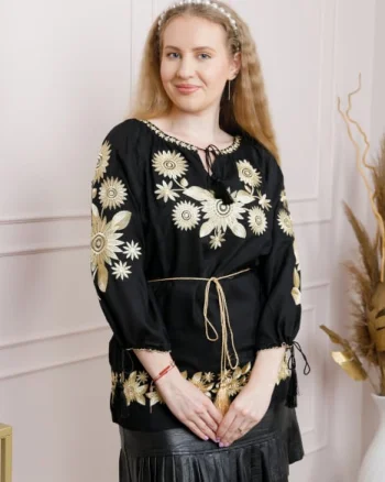 Bluza neagra cu motiv floral auriu Agnes 01