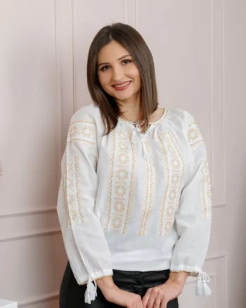 Bluza tip ie alba cu motiv floral auriu Sorina