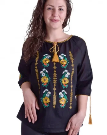 Bluza traditionala neagra cu motiv floral galben Anemona