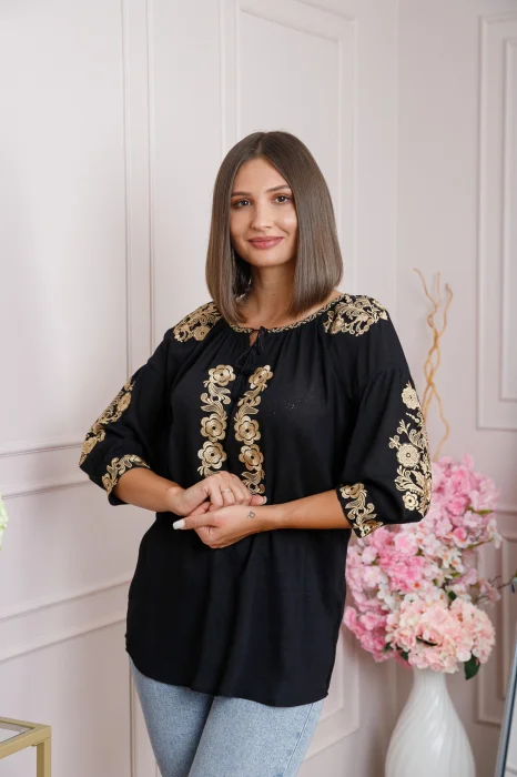 Bluza neagra cu motiv floral auriu Iasmina 08