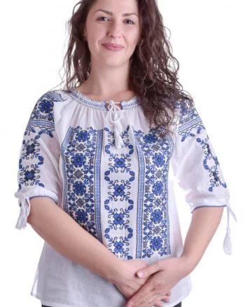 Ie traditionala alba cu motiv floral albastru Liana 02