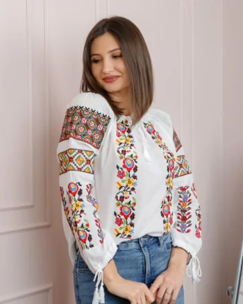 Bluza tip ie alba cu motiv floral multicolor Georgiana