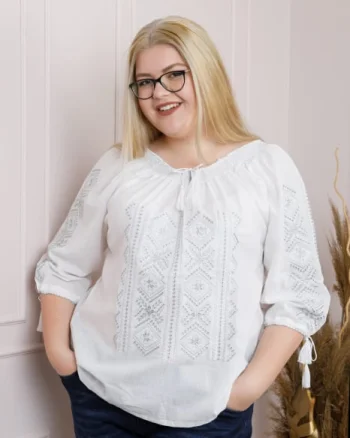 Ie traditionala alba cu motiv geometric argintiu Emanuela