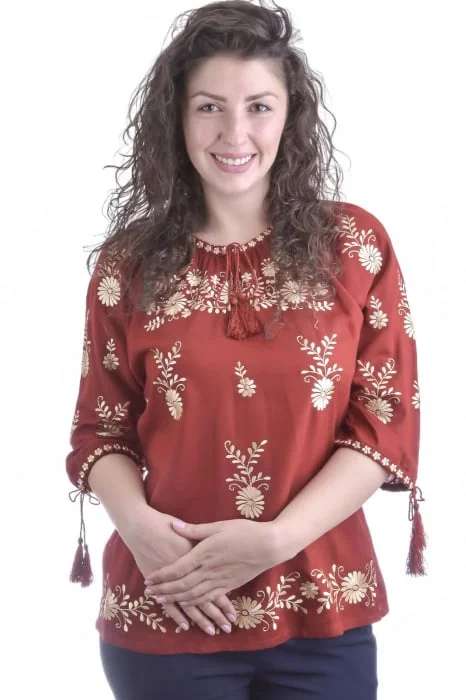 Bluza rosie cu motiv floral auriu Tania 02