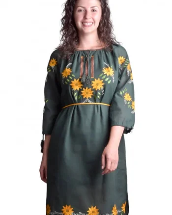 Rochie traditionala midi verde cu motiv floral galben Sorina