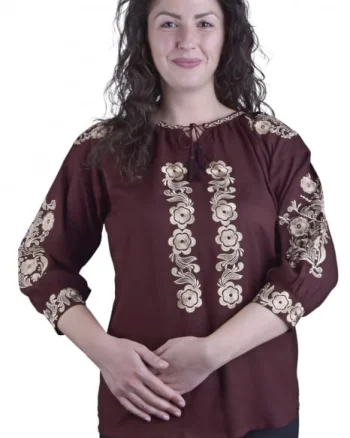 Bluza maro cu motiv floral auriu Iasmina 04