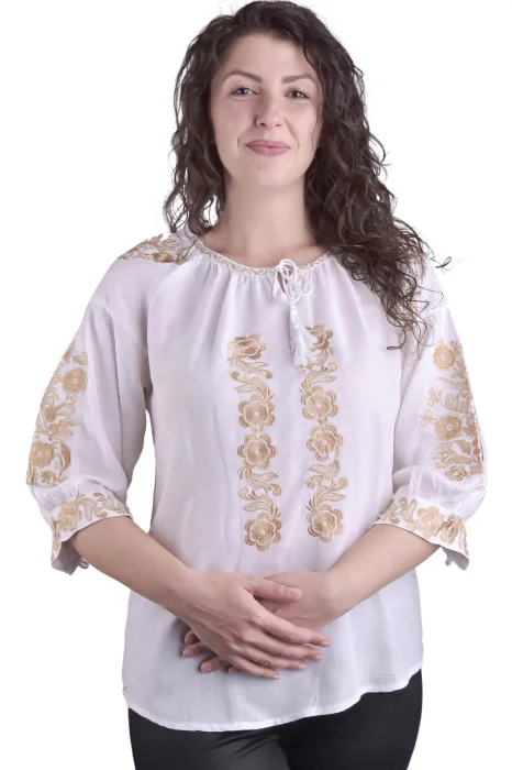 Bluza alba cu motiv floral auriu Iasmina 03