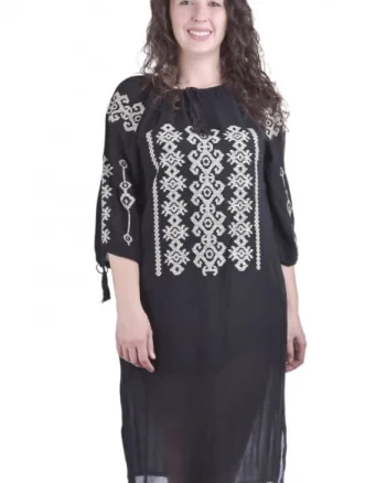 Rochie traditionala midi neagra cu motiv geometric gri Ecaterina 01